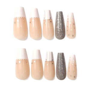 French tip coffin fake nails with gold stars, pink gradient and silver glitter accents