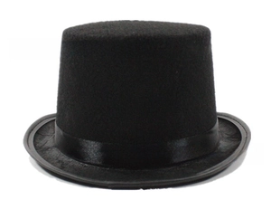 Detail of a black felt top hat with a satin ribbon band for stage performances