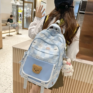 Cute Bear Plaid Backpack For Girls School Large Capacity Nylon Student Rucksack With Plush Rabbit Pendant