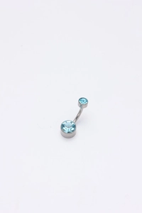 Detailed view of G23 titanium belly ring featuring double light blue round zircon stones
