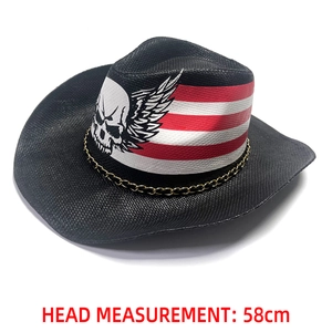 Detail of western cowboy hat with American flag band, skull motif, and gold metal chain