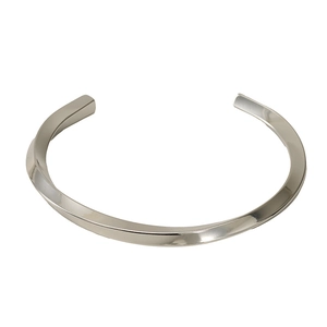 Detail shot of a silver twisted mobius open bangle made of durable stainless steel