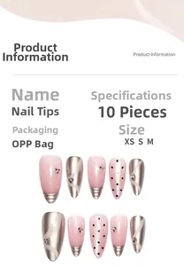 Detail view of pink cat eye press-on nails with silver chrome 3D accents and tiny rhinestones