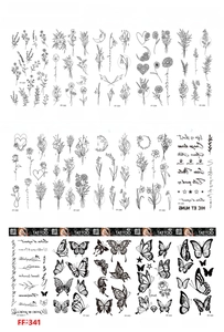 Detailed catalog of black floral and butterfly tattoo stickers measuring 208x95mm