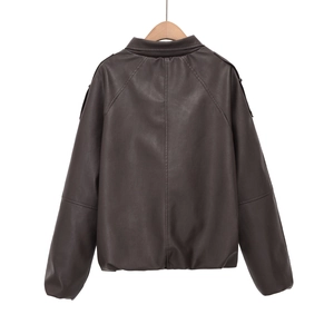 Close-up back view of dark brown faux leather jacket showing PU texture and stitching