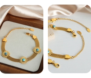 Detail of woven mesh bracelet in 18k gold finish featuring turquoise sunburst charms