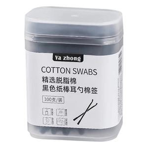 2-in-1 black cotton swabs with ear scoop, 100 counts in clear plastic box packaging
