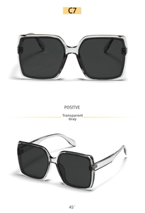 Detailed front and side views of transparent grey oversized square sunglasses for men and women