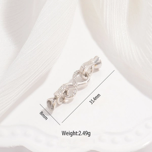 Detailed size view of silver infinity necklace clasp with zircons, 35.4mm x 8mm