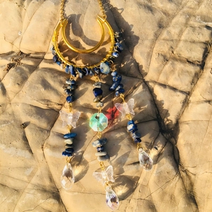 Detail of moon suncatcher with blue stones, crystal drops and butterfly beads