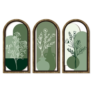 Set of 3 bohemian green abstract arch wooden wall art with floral leaf and vase silhouettes