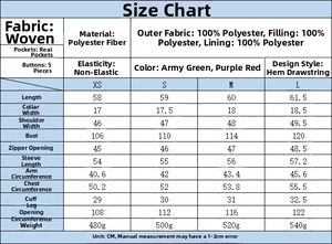 Detailed size chart for street fashion quilted cotton jacket with 100% polyester materials