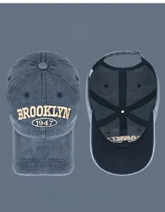 Close-up of vintage washed cotton baseball cap featuring 3D Brooklyn 1947 embroidery