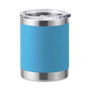 Detail view of a 12oz blue stainless steel tumbler with a clear spill-proof lid