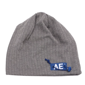 Grey ribbed knit beanie hat with blue AE letter patch for outdoor casual wear