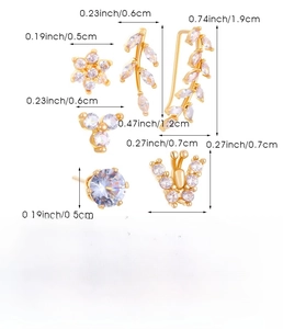 Detailed size chart of 6-piece gold-plated copper earring set with zircon inlays