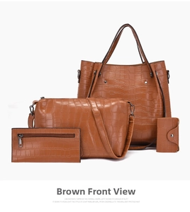 Detail of 4-piece set including brown crocodile pattern tote, crossbody bag, and wallet
