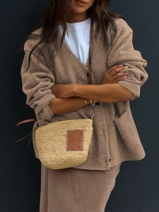 Women's minimalist brown knit cardigan sweater for autumn winter with cross-body bag