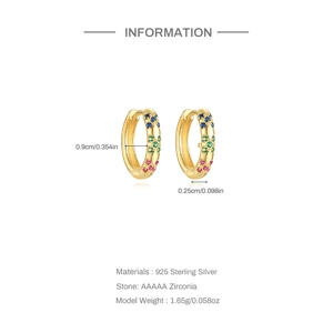 Macro detail of gold S925 silver earrings with colorful zircon and size information