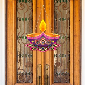 Diwali Diya hanging porch decoration in purple and pink with golden floral patterns