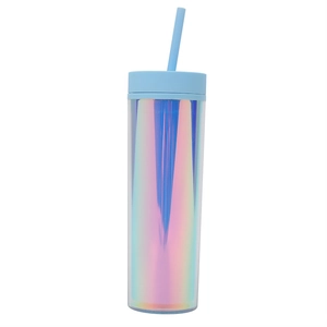 Macro shot of 16oz double wall light blue tumblers with iridescent rainbow finish and straw