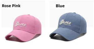 Detail of rose pink and grey blue cotton baseball caps with Game competitive embroidery