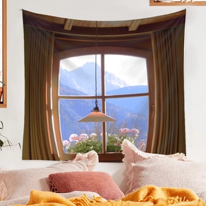 Detail view of wall tapestry featuring a 3D window frame with snow mountain forest scenery
