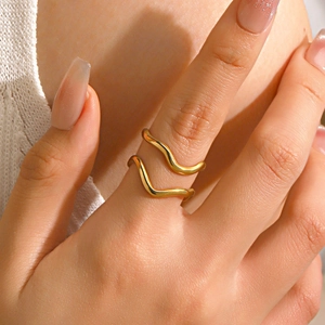 Elegant minimalist gold wave double-layered stainless steel open ring for women