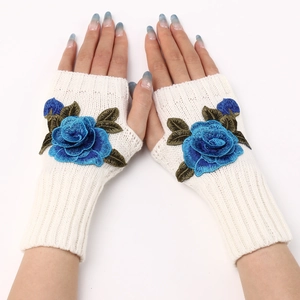 Off-white knit fingerless gloves for women with blue rose embroidery and ribbed cuffs