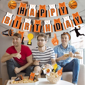 Basketball theme birthday party decoration set with banner and cake toppers in living room