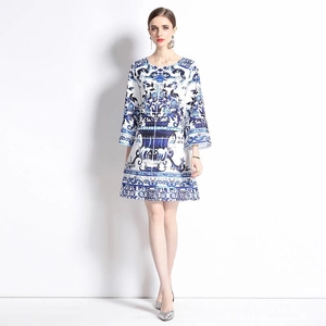 Blue and white porcelain print A-line dress with bell sleeves and round neck