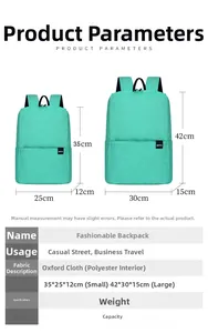 Size comparison chart showing small and large green Oxford fabric fashion backpacks