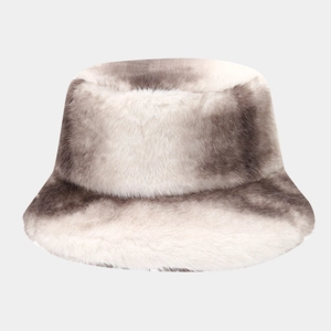 Women's faux fur bucket hat with grey and white gradient for winter outdoor warmth