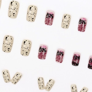 Halloween black and blood red press-on nails with punk graffiti letter patterns