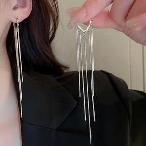 Long silver heart tassel earrings with geometric chains and minimalist metallic finish
