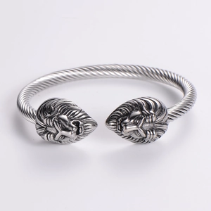 Vintage Stainless Steel Lion Head Twisted Cable Open Cuff Bracelet For Men Punk Rock Adjustable Bangle Jewelry