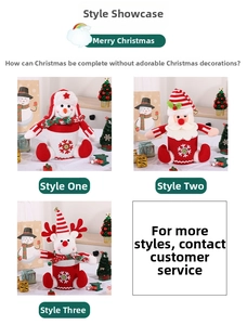 Three festive Christmas candy bags with knitted snowman, Santa Claus, and elk designs