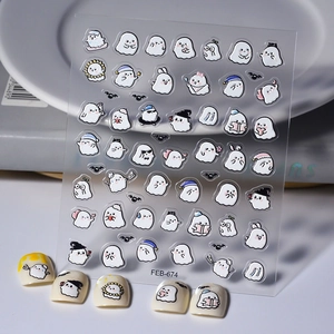 Nail Art Stickers 5D Relief Cartoon White Ghost Halloween Decor Waterproof Ultra Thin Manicure Decals For Women