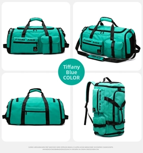 Detailed four-view showcase of a Tiffany Blue travel bag with multiple straps and pockets