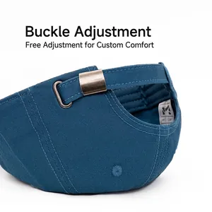 Adjustable dark blue cotton baseball cap with vintage bronze buckle and M CAP label