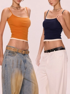 Débardeur Faux Deux Pièces pour Femmes Couleur Contrastée Surpiqûres Contrastées Crop Top Moulant Été en Mélange de Coton