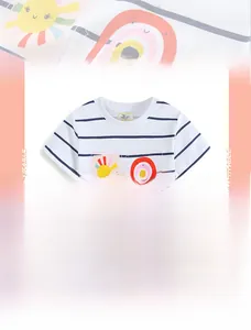 Detail of girls striped cotton t-shirt with rainbow print and smooth crew neck finish