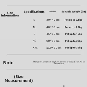 Detailed size chart for pet cooling mats from S to XXL for cats and dogs