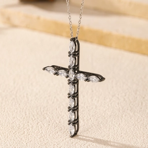 S925 silver gothic cross necklace with black metal frame and marquise-cut zircons