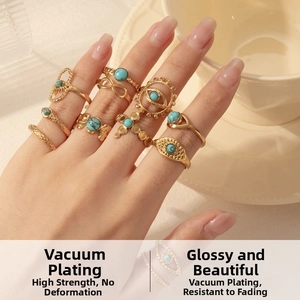 Detail of vintage gold-plated rings set featuring turquoise stones and evil eye motifs