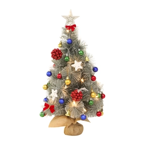 60cm pre-lit snowy pine needle Christmas tree with colorful ornaments and burlap base