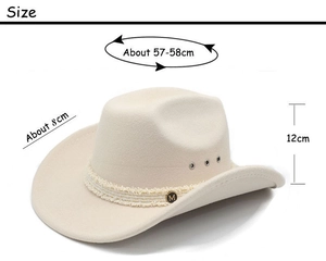 Size chart showing beige felt cowboy hat with 8cm brim and M logo detail