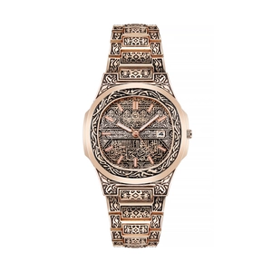 Men Vintage Carved Quartz Watch Stainless Steel Strap Alloy Case Arabic Calligraphy Calendar Display Fashion Wristwatch