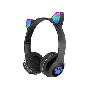 Close-up of black wireless headphones with glowing LED cat ears and paw print design