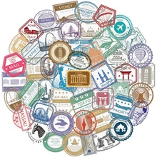 Detail of waterproof vintage world travel and postage stamp PET stickers for scrapbooking